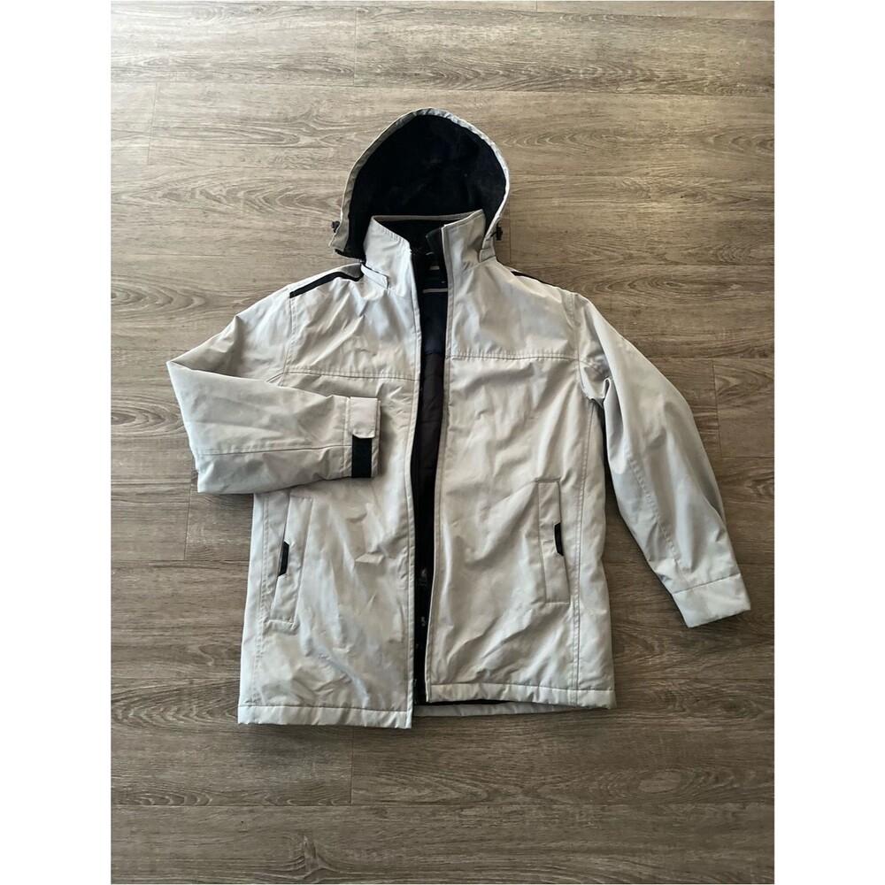 Weatherproof Hooded Fleece Jacket Mens S Beige Insulated Lined Winter Coat Y2K